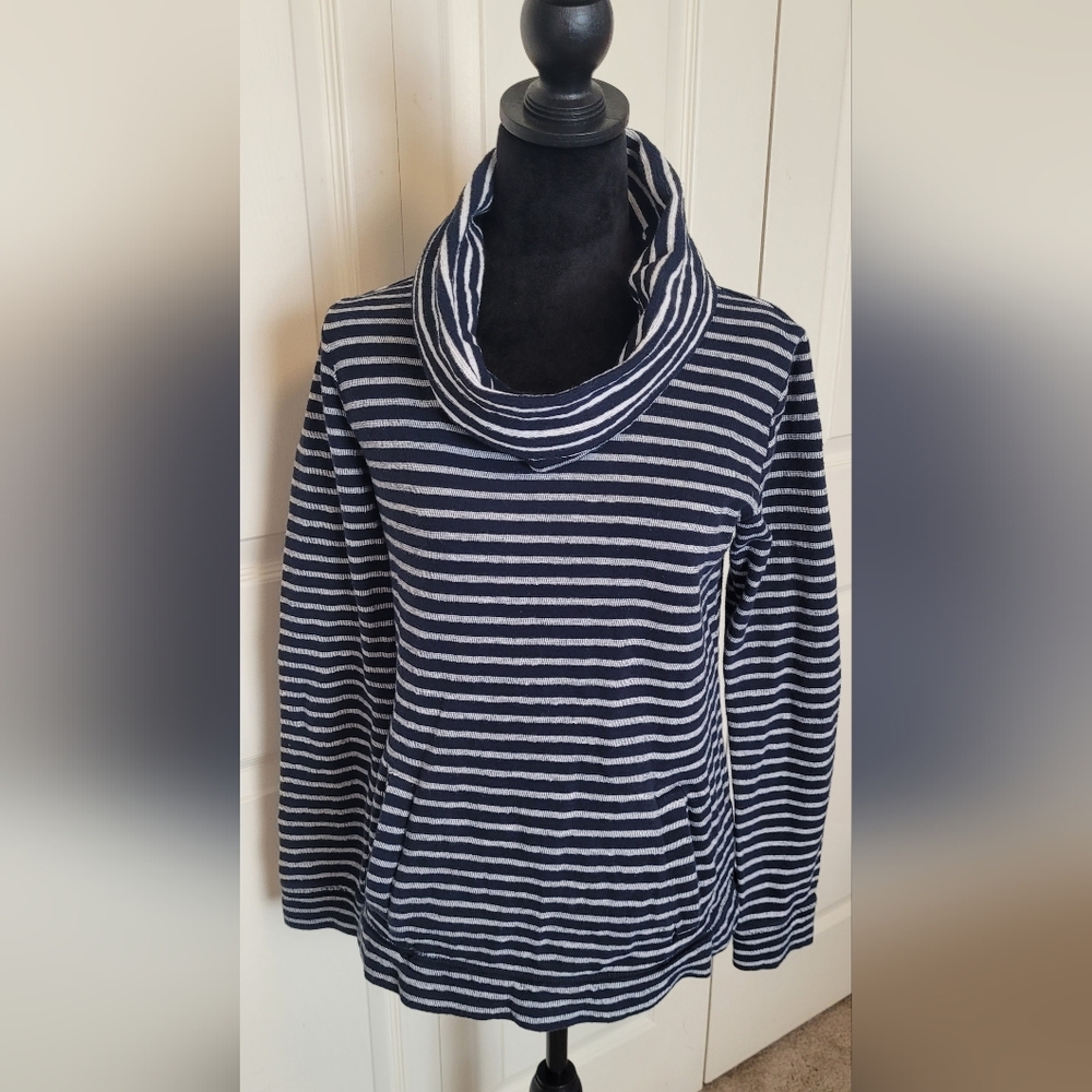 J CREW COWEL NECK Striped Navy and White Shirt Size SMALL
